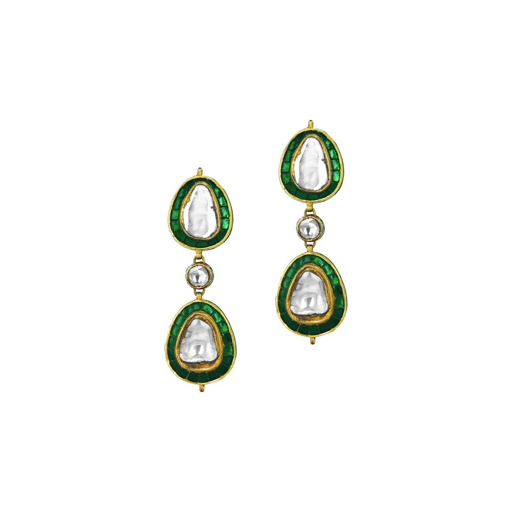 Double-Drop Polki Earrings with Green Chuddi Work